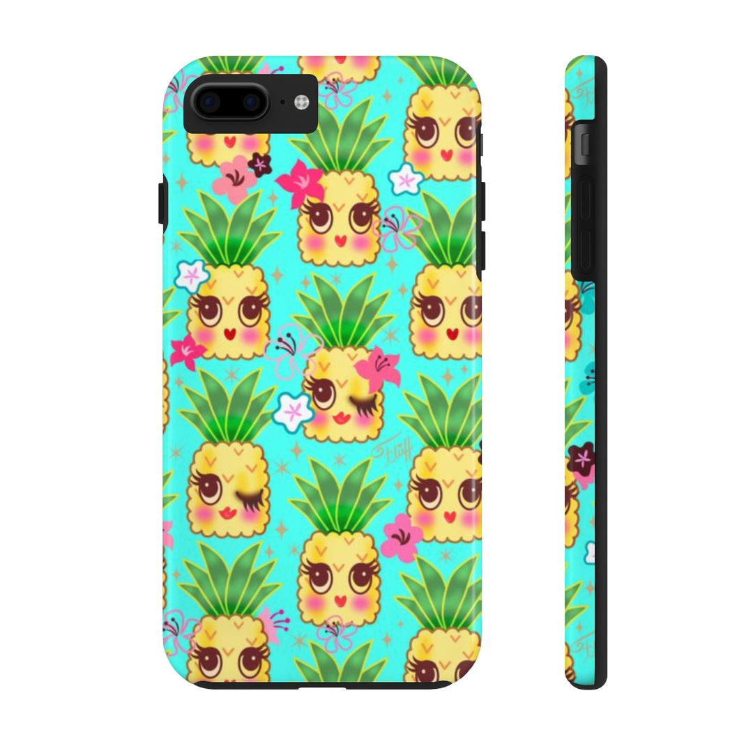 Happy Kawaii Cute Pineapples on Aqua • Phone Case