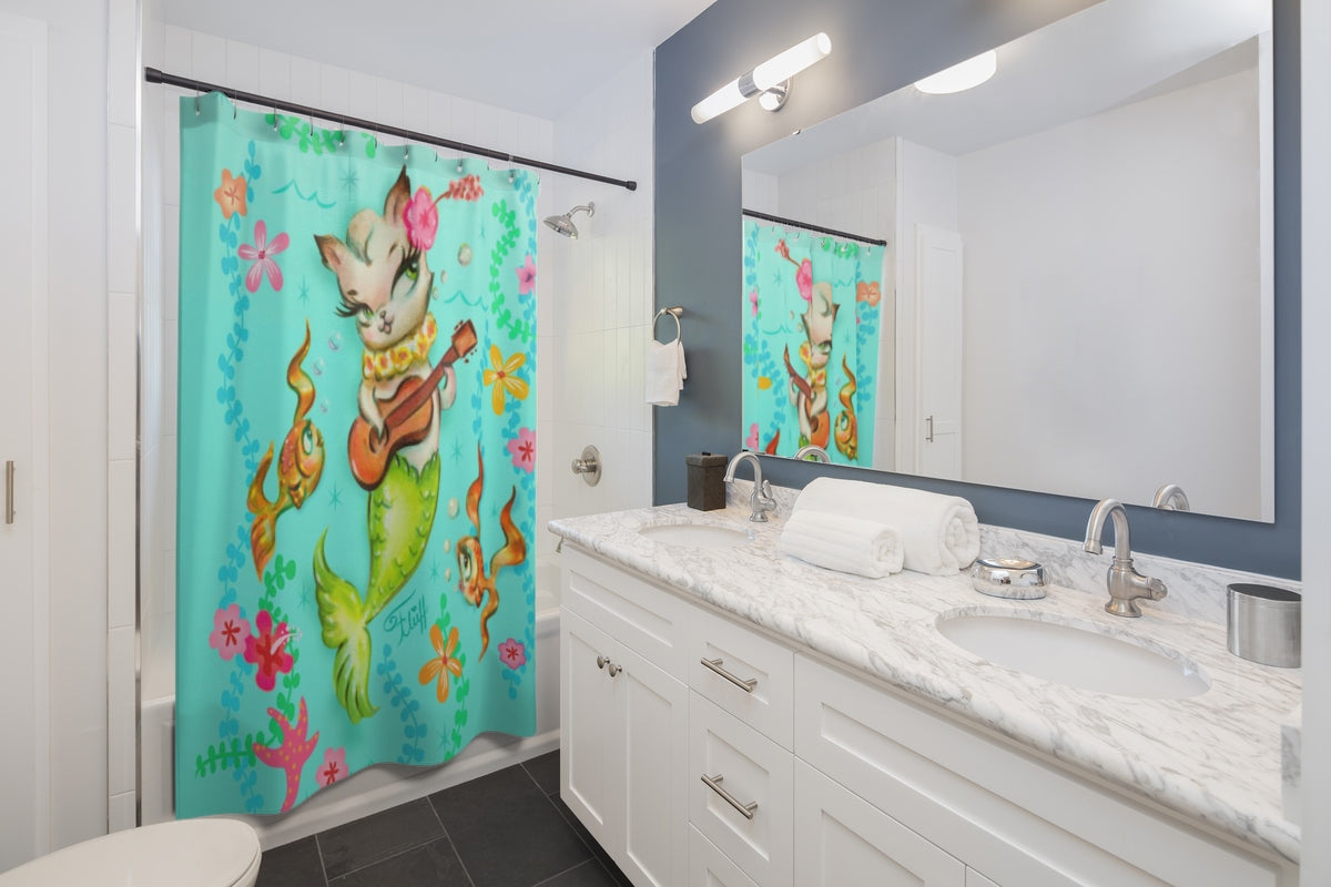 Mermaid Cat with Ukulele • Shower Curtains