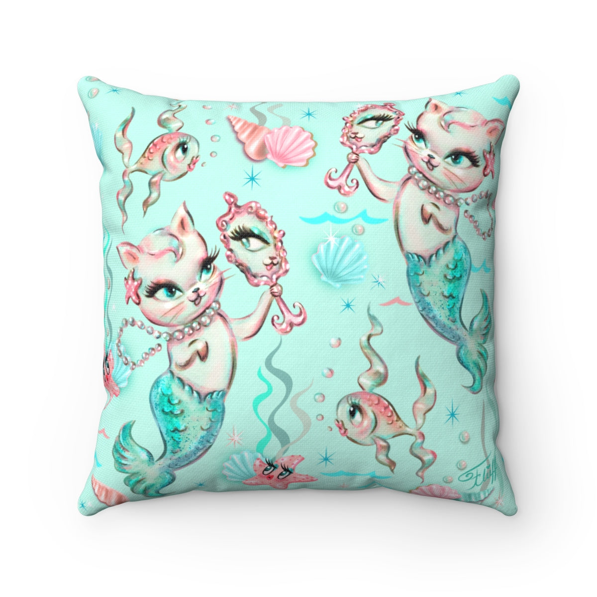 Merkittens with Pearls Aqua • Square Pillow