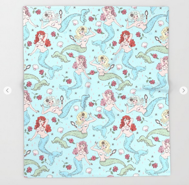 Mermaids and Roses on Aqua • Fleece Blanket