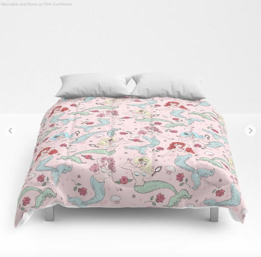 Mermaids and Roses on Pink • Comforter