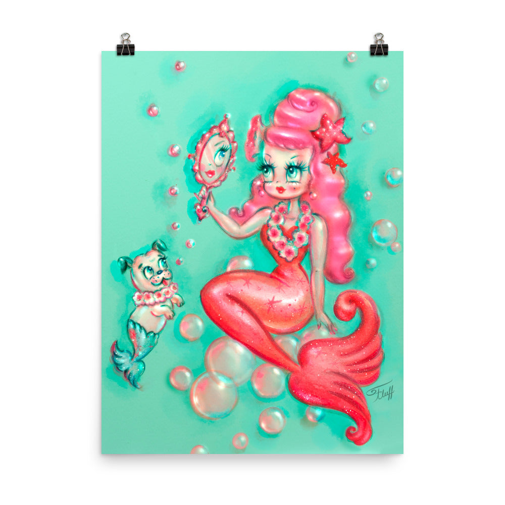 Coral Babydoll Mermaid with Mirror • Art Print