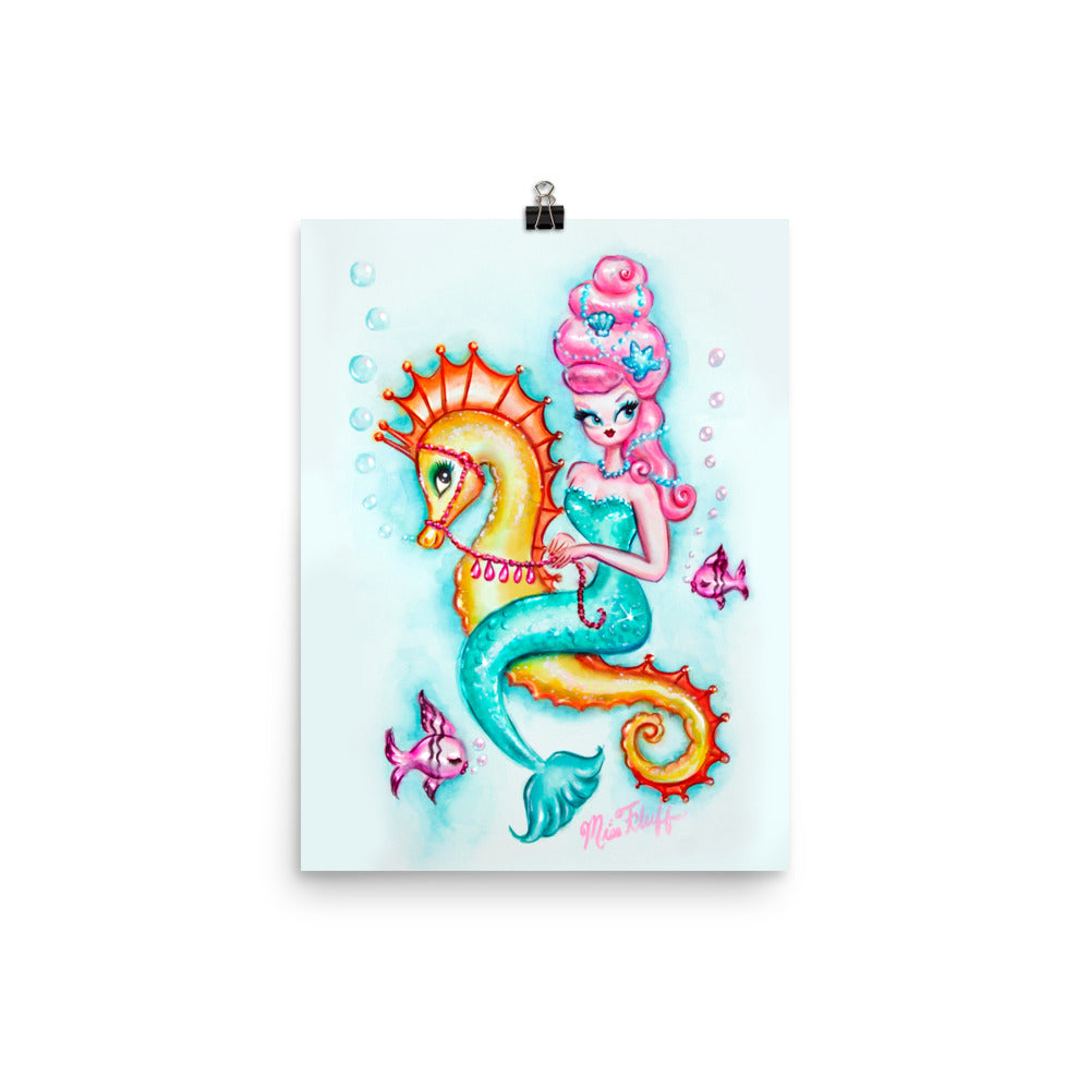 Pink Bouffant Mermaid Riding a Seahorse • Art Print