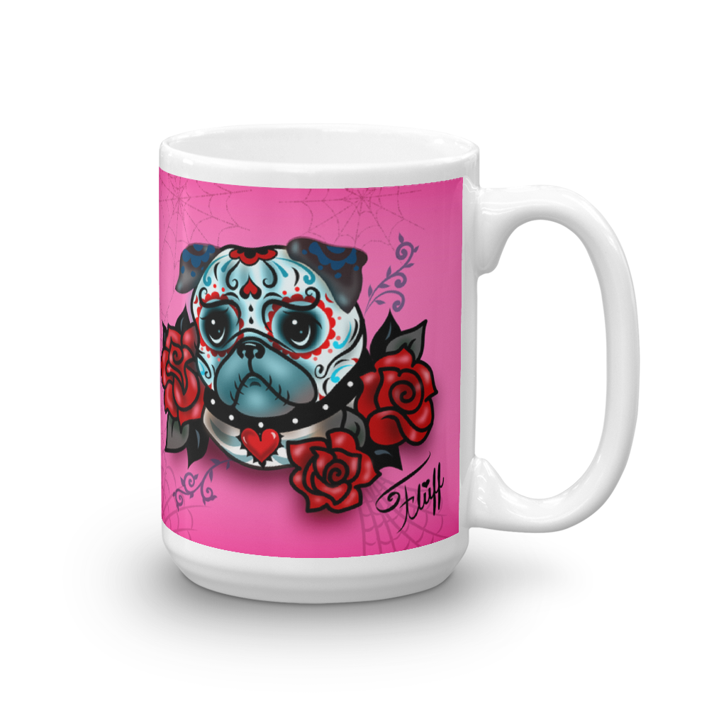 Sugar Skull Pug With Roses on Hot Pink • Mug