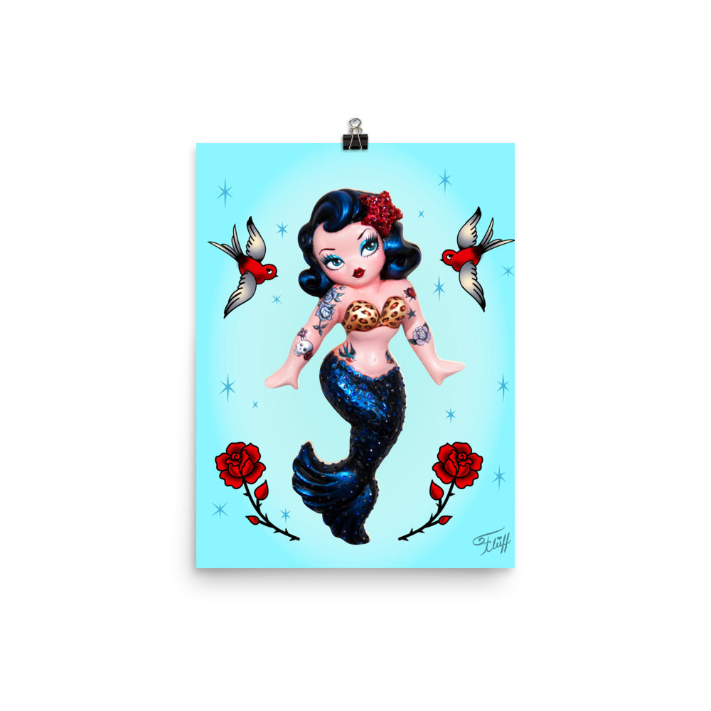 Tattoo Rockabilly Mermaid Dolly on Blue • Art Print