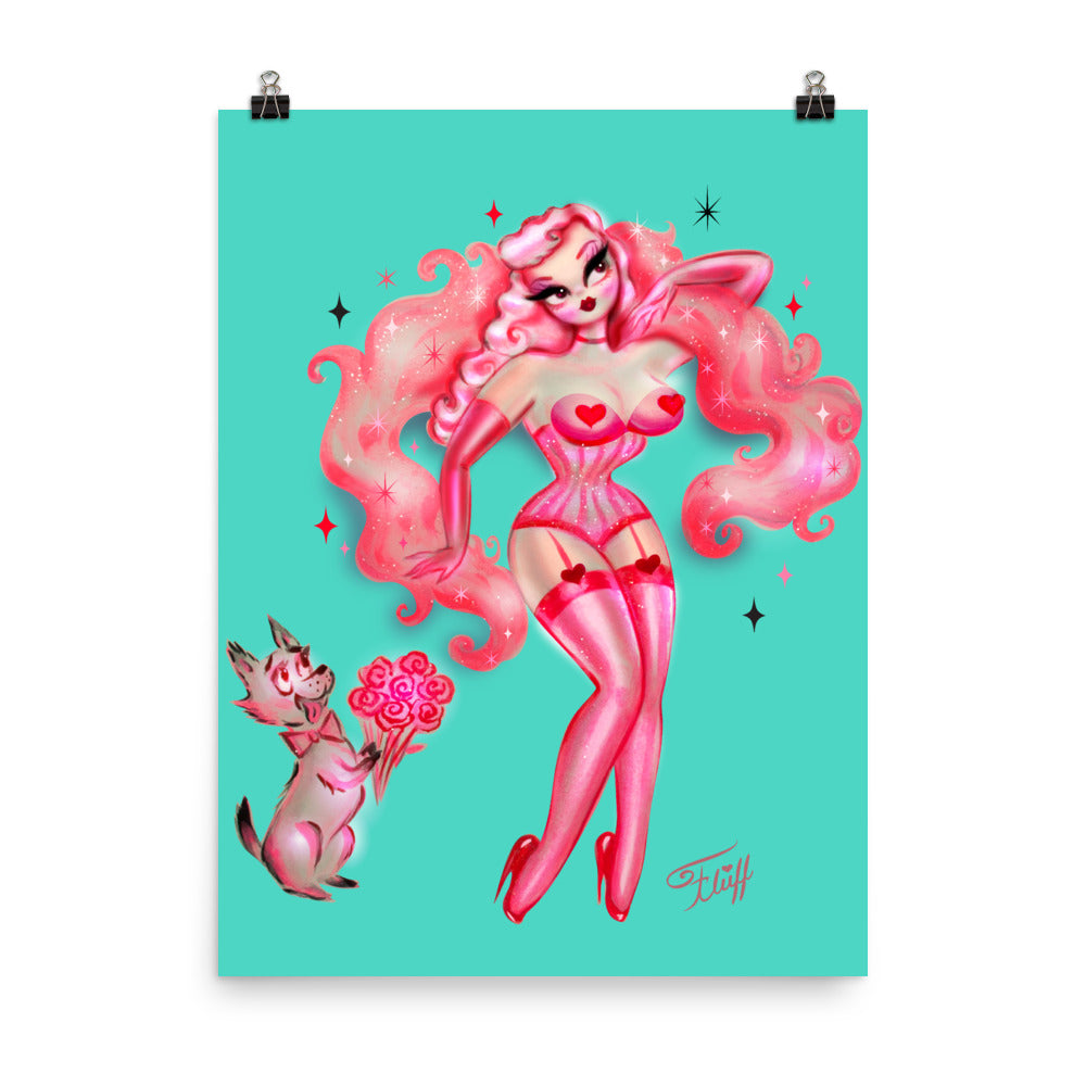 Valentine Burlesque Doll with Doggy Suitor • Art Print