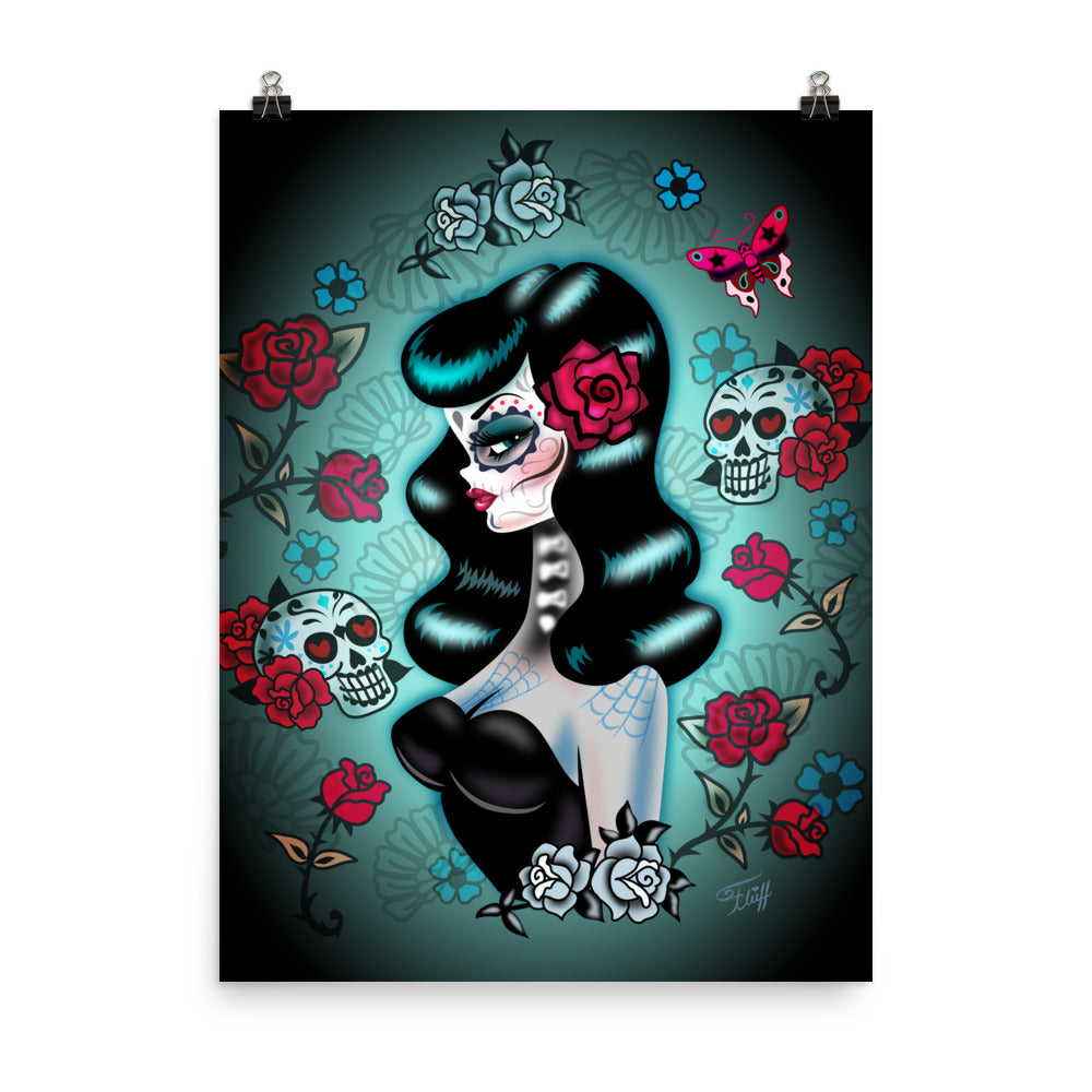 Raven Haired Day of the Dead Sugar Skull Pinup • Art Print