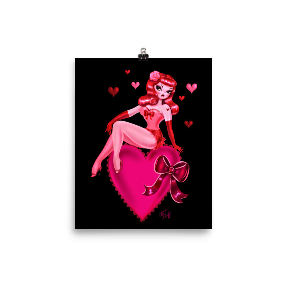 Retro Redhead Pinup Doll on a Big Heart • Art Print