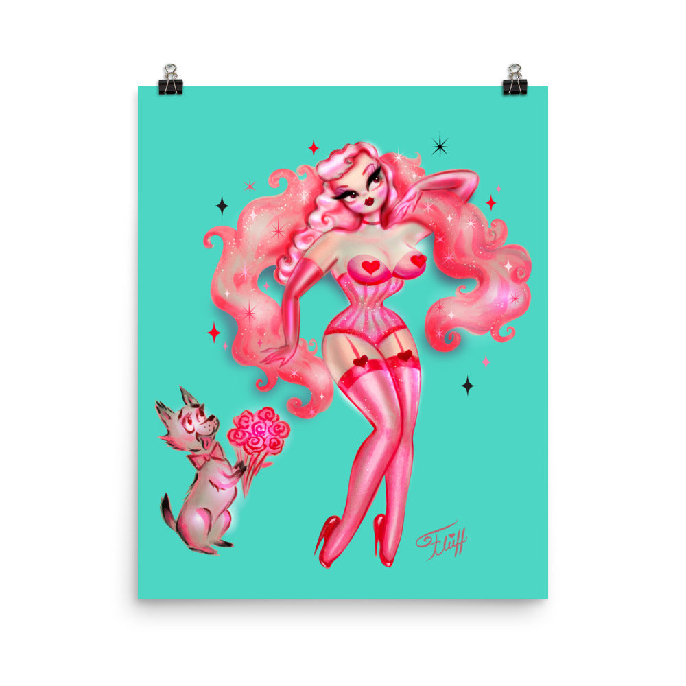 Valentine Burlesque Doll with Doggy Suitor • Art Print