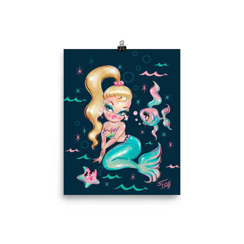Blonde Babydoll Mermaid on Deep Blue • Art Print