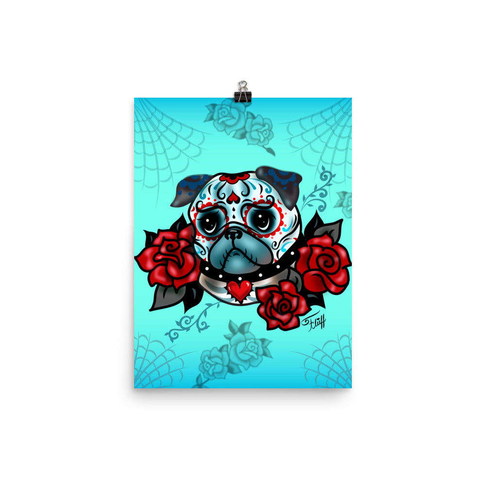 Sugar Skull Pug With Roses on Mint • Art Print