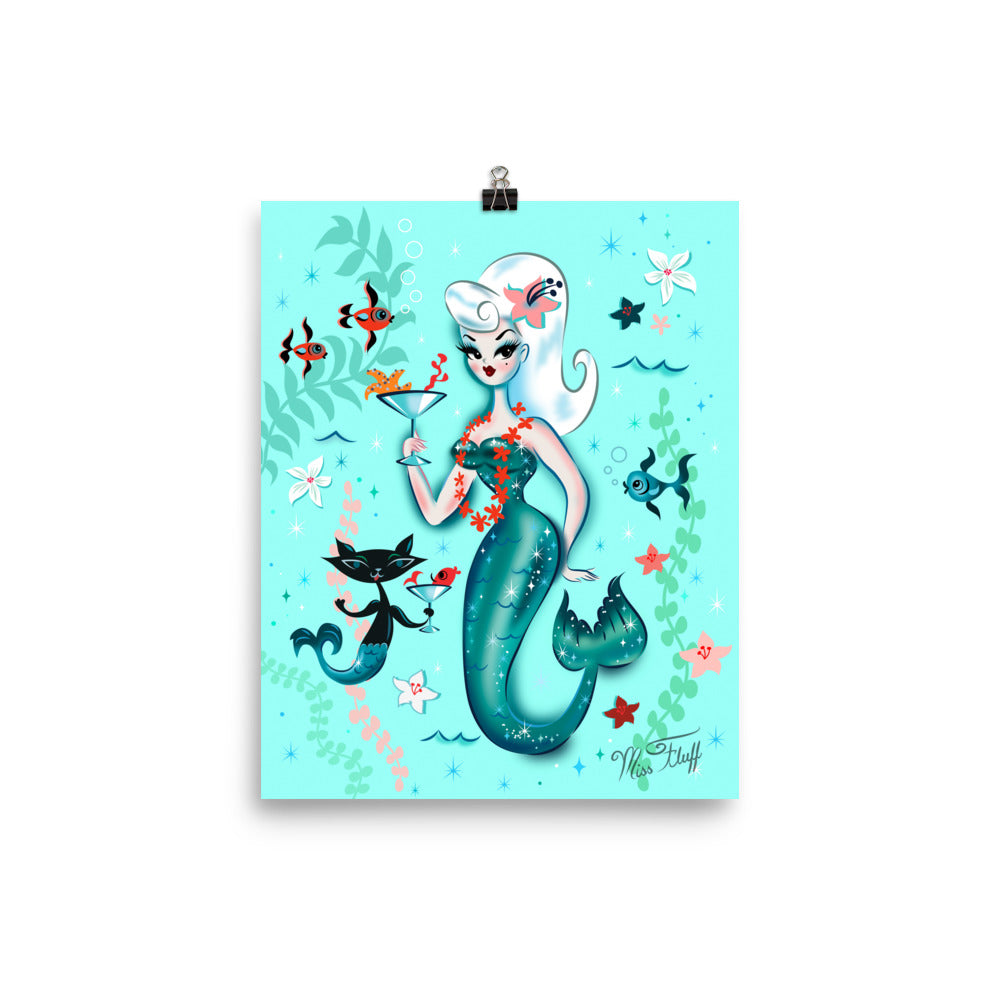 Blonde Martini Mermaid with Merkitty • Art Print