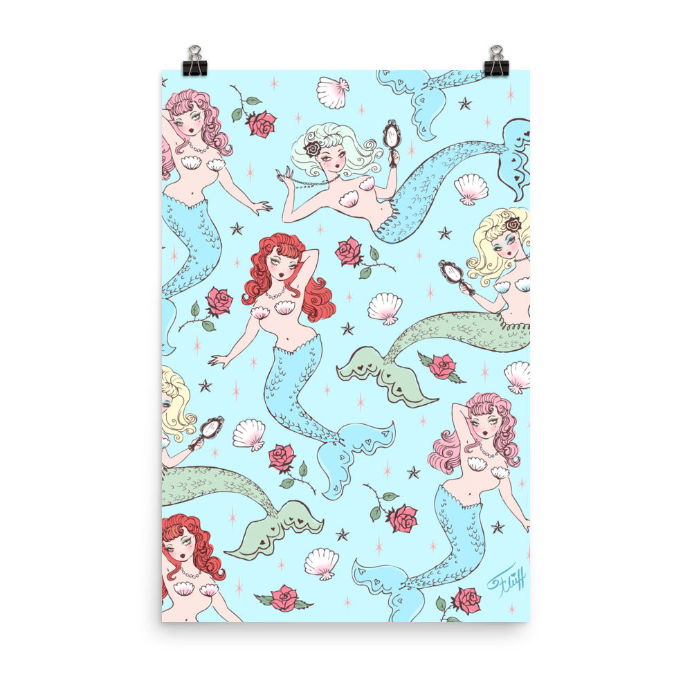 Mermaids and Roses on Aqua • Art Print