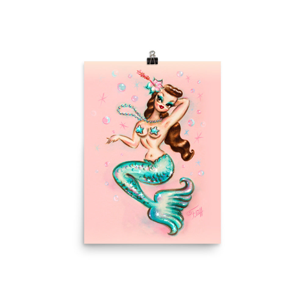 Brunette Mermaid with Pearls • Art Print