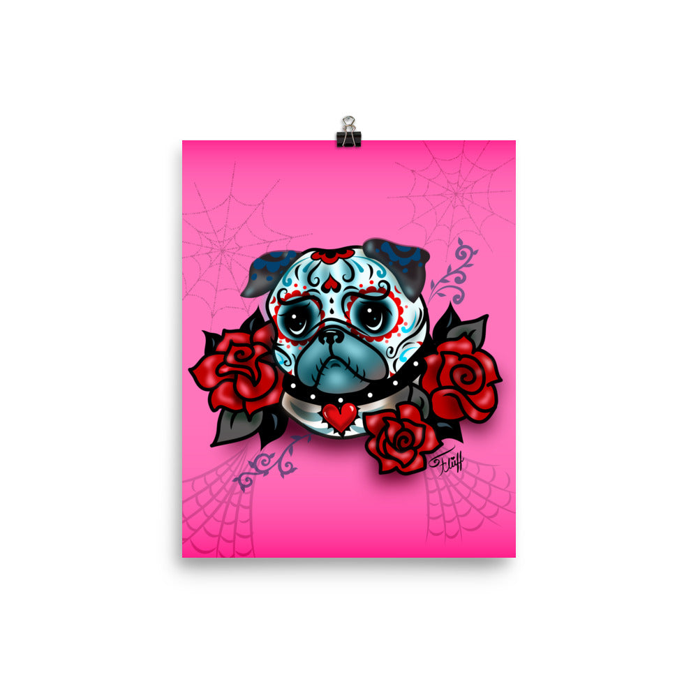 Sugar Skull Pug With Roses on Hot Pink • Art Print