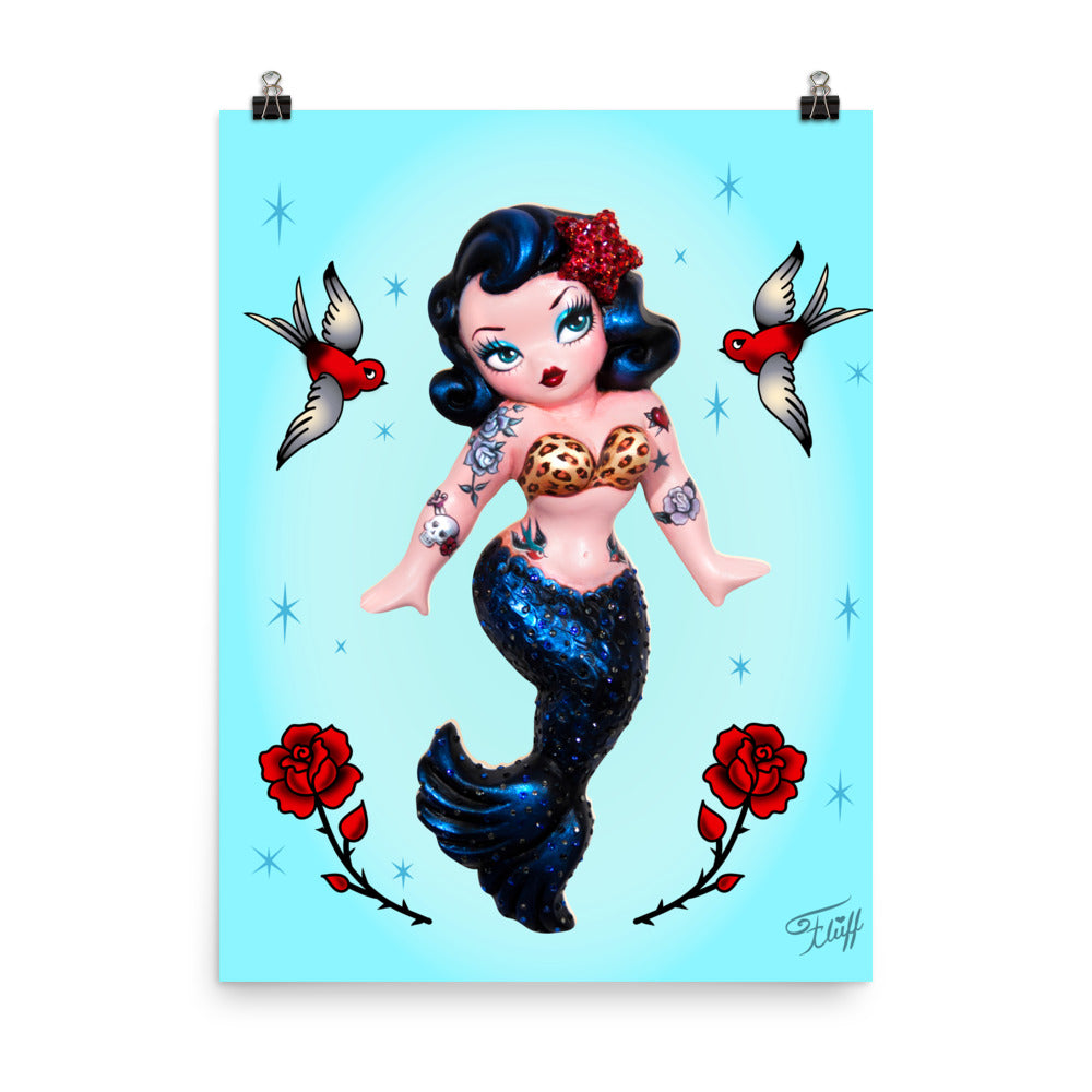 Tattoo Rockabilly Mermaid Dolly on Blue • Art Print