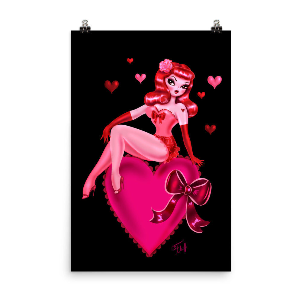 Retro Redhead Pinup Doll on a Big Heart • Art Print