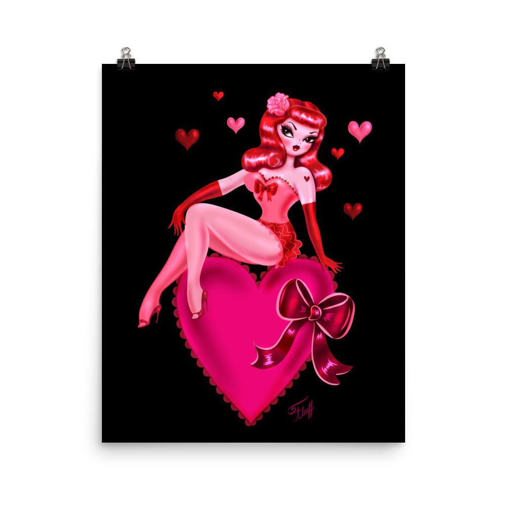 Retro Redhead Pinup Doll on a Big Heart • Art Print