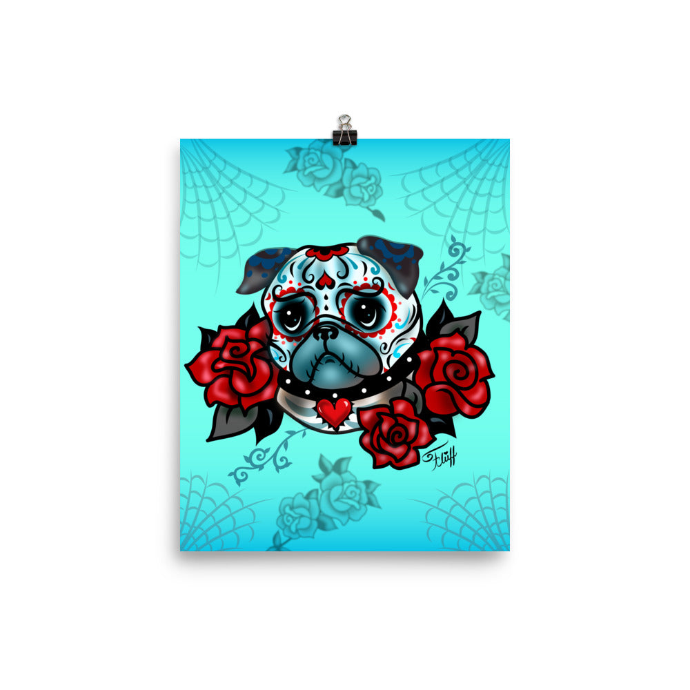 Sugar Skull Pug With Roses on Mint • Art Print