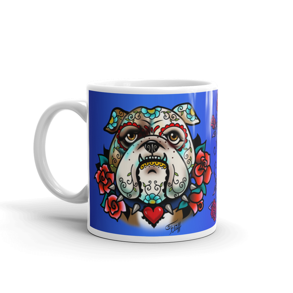 Sugar Skull Bulldog With Roses • Mug