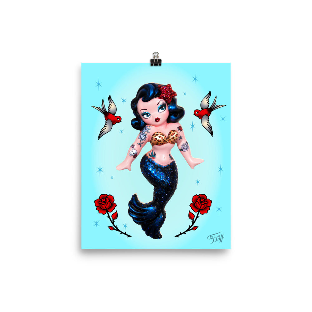 Tattoo Rockabilly Mermaid Dolly on Blue • Art Print