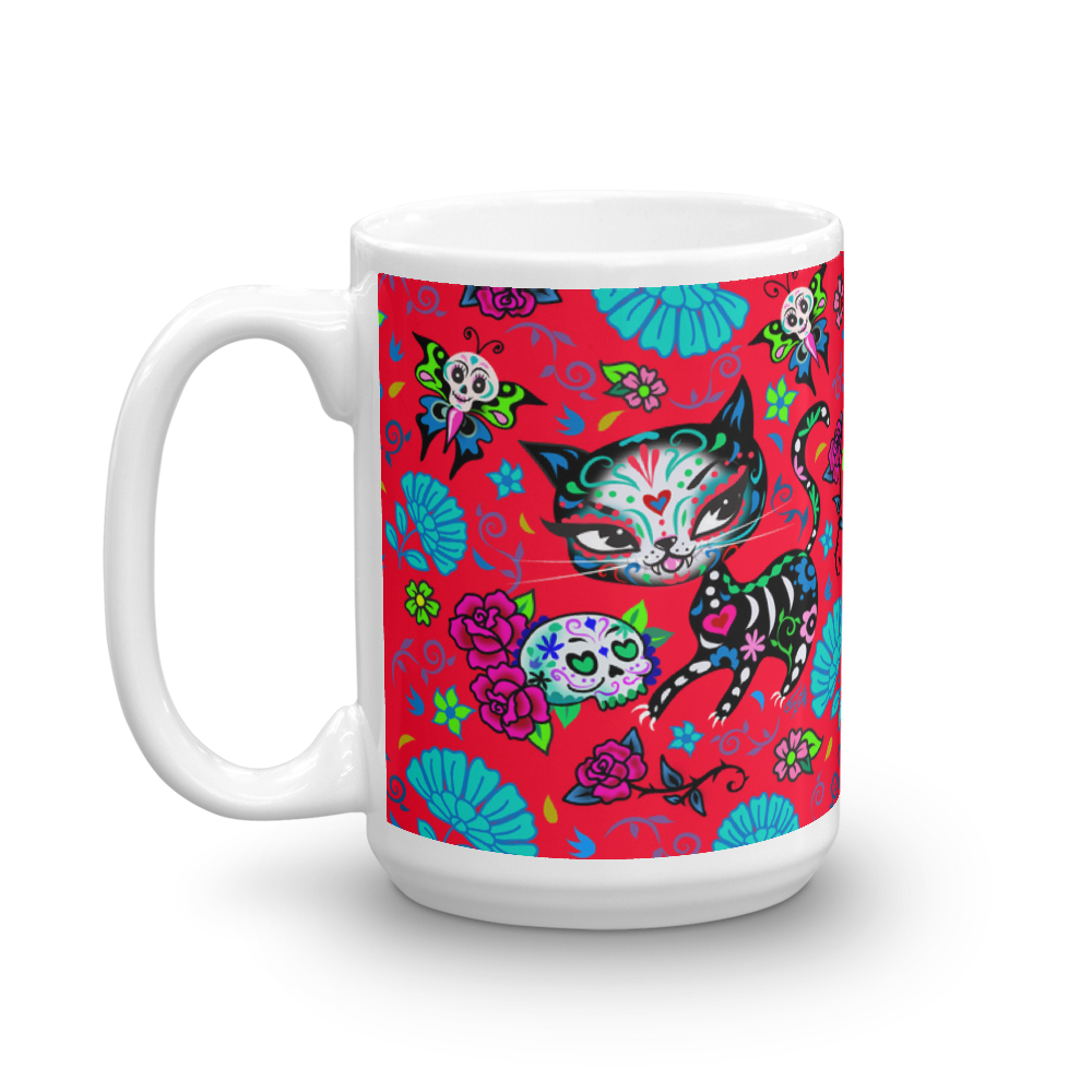 Sugar Skull Kitty on Red • Mug