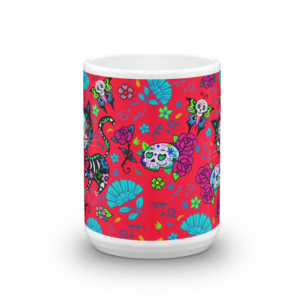 Sugar Skull Kitty on Red • Mug