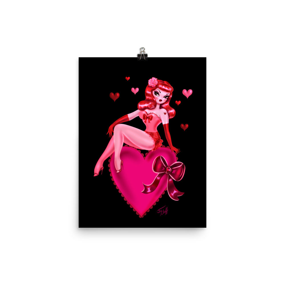 Retro Redhead Pinup Doll on a Big Heart • Art Print