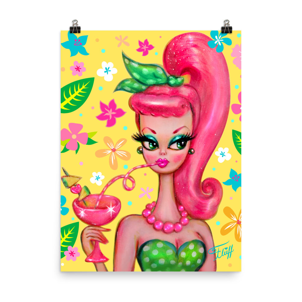 Doll with Pink Pony Tail Sipping a Tropical Cocktail • Art Print