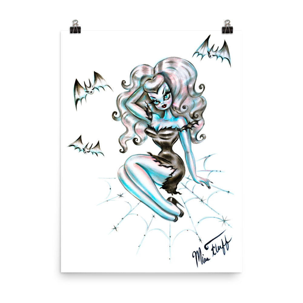 Vampire Doll on Spider Web on White • Art Print