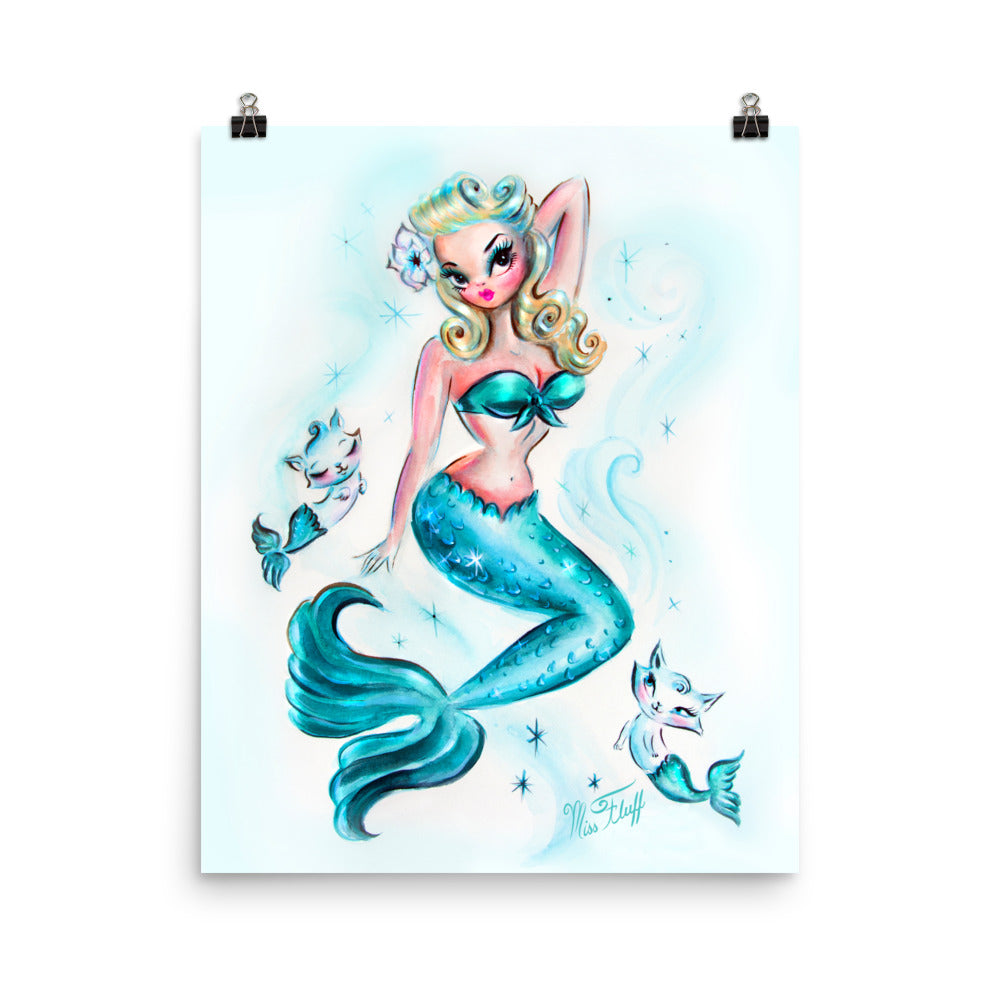 Pinup Mermaid with Kitties • Art Print