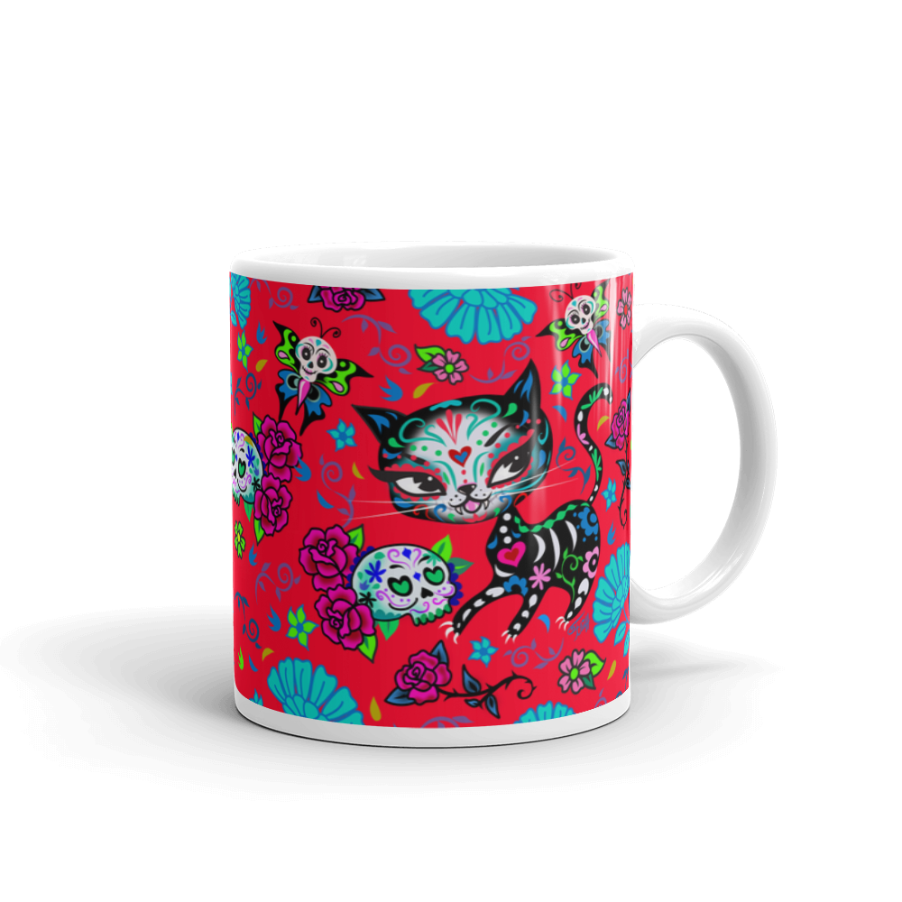 Sugar Skull Kitty on Red • Mug