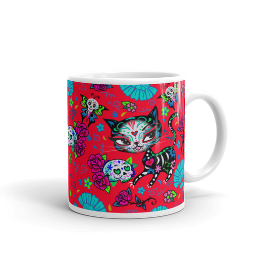 Sugar Skull Kitty on Red • Mug