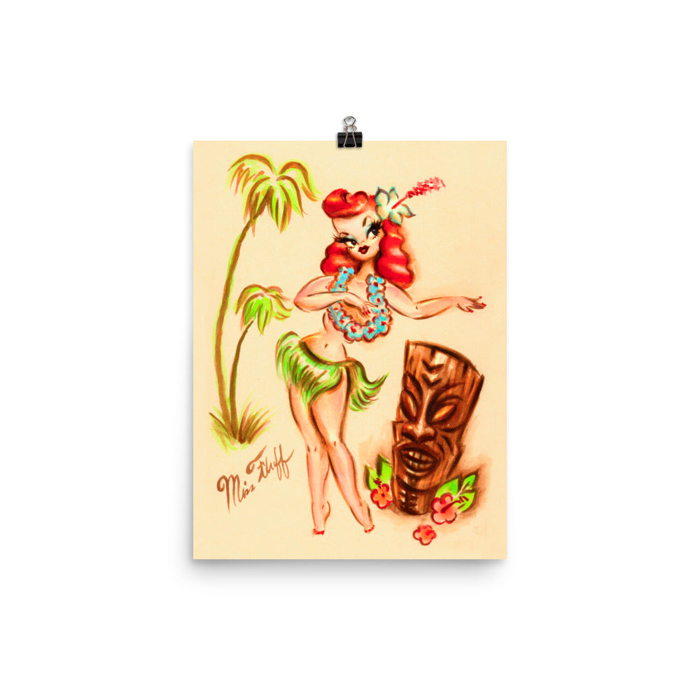 Redhead Hula Girl with Tiki • Art Print