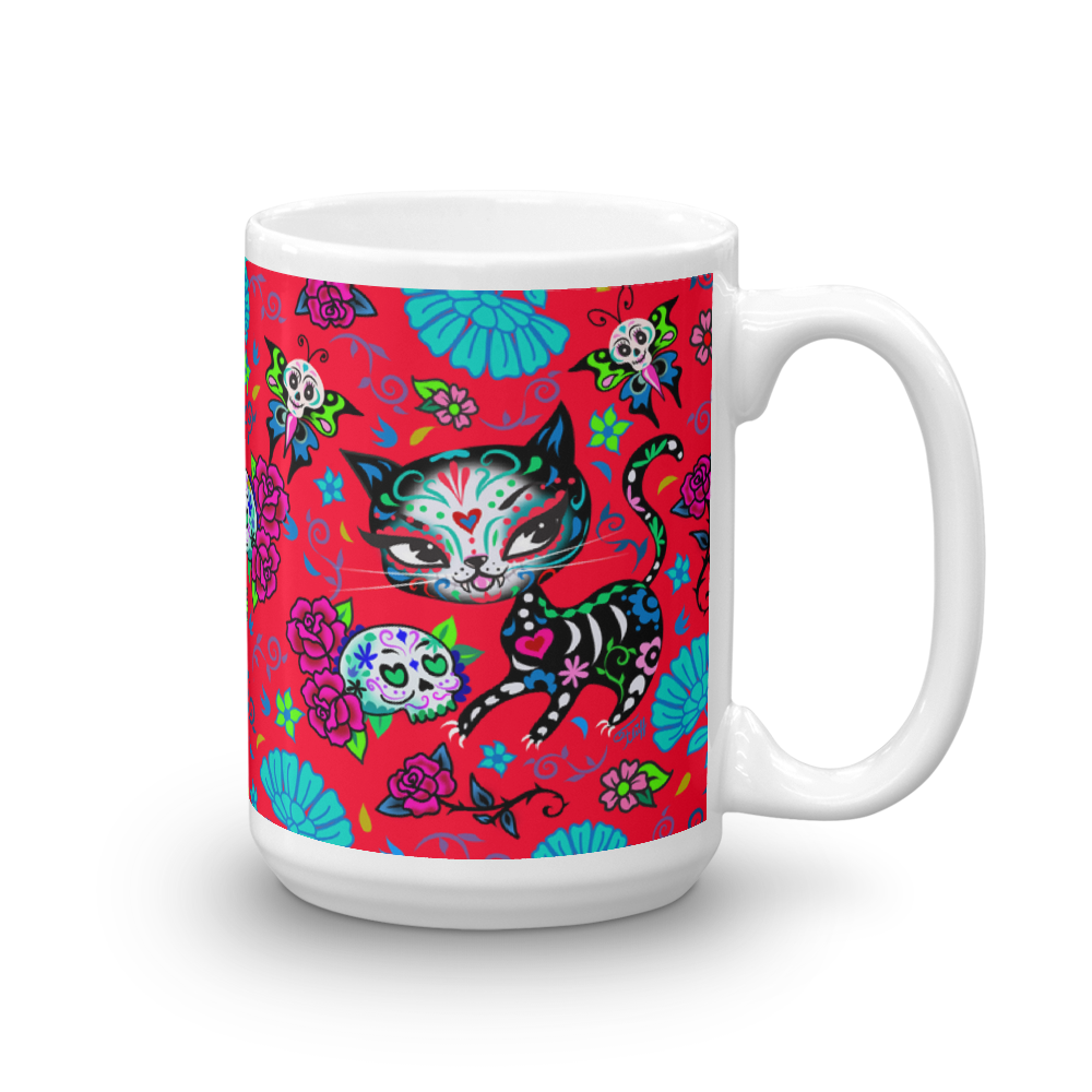 Sugar Skull Kitty on Red • Mug