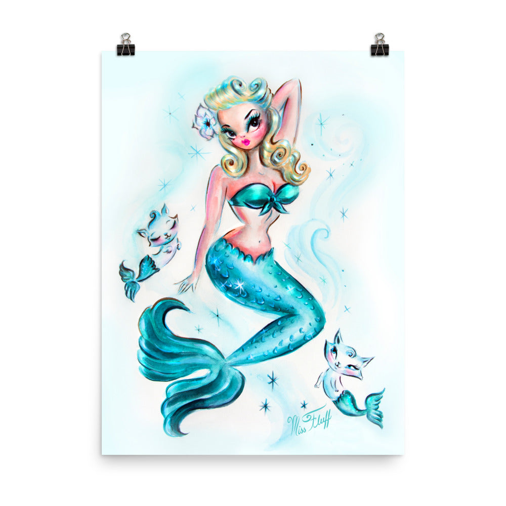 Pinup Mermaid with Kitties • Art Print