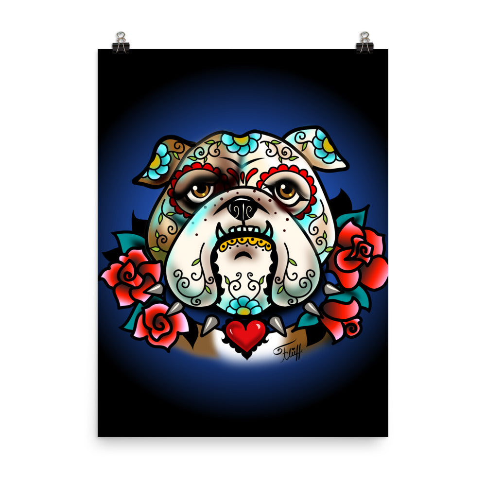Sugar Skull Bulldog With Roses • Art Print