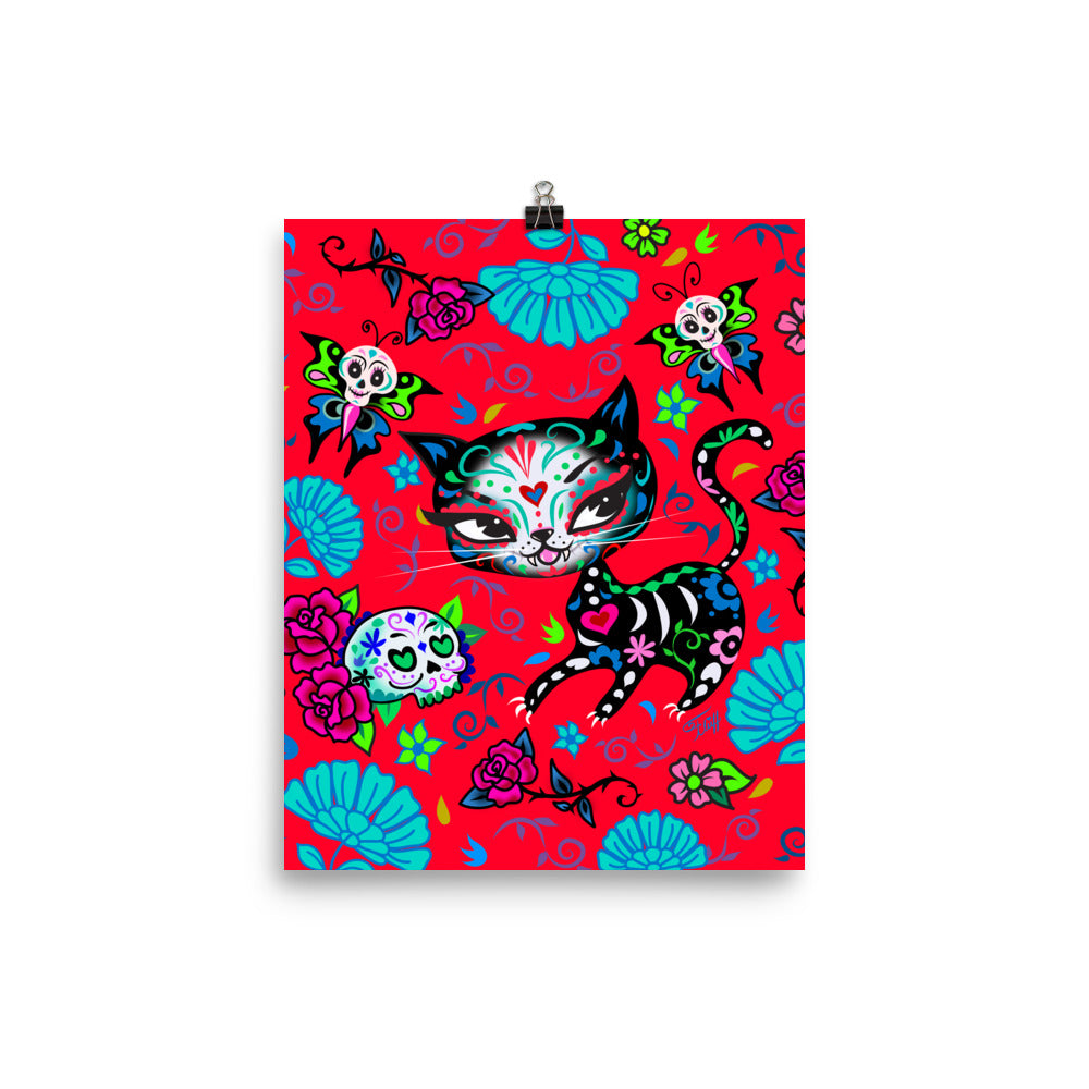 Sugar Skull Kitty on Red • Art Print