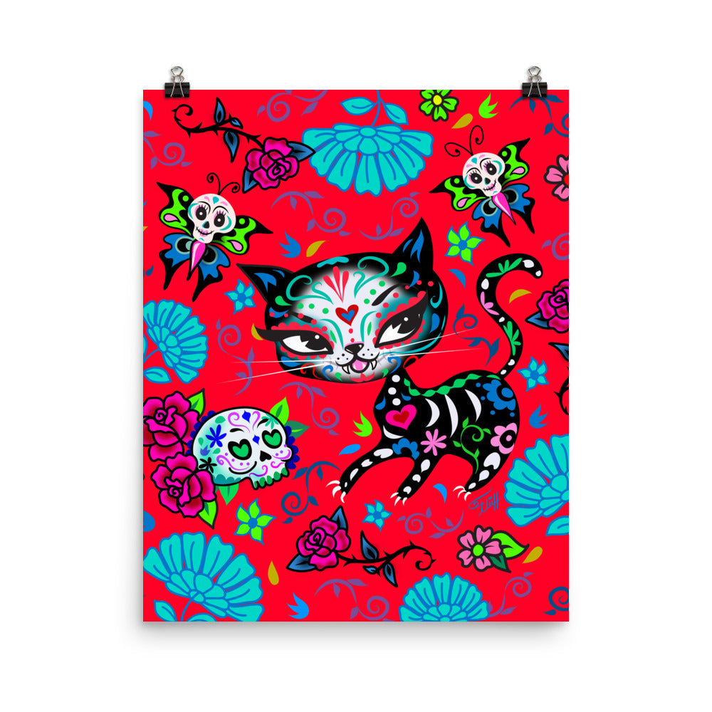 Sugar Skull Kitty on Red • Art Print