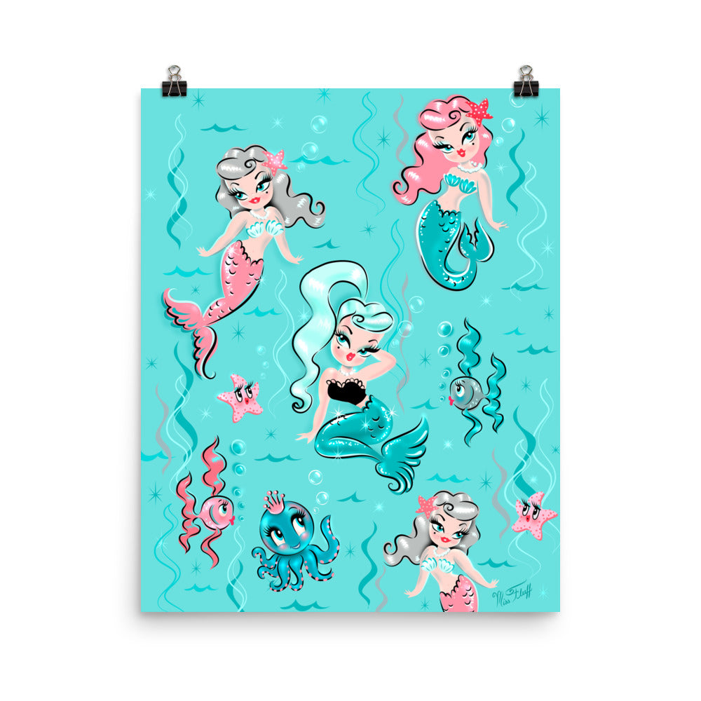 Babydoll Mermaids on Aqua • Art Print