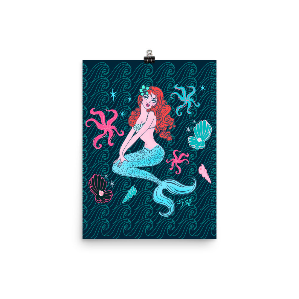 Pink Pearl Beach Mermaid Dark Blue • Art Print