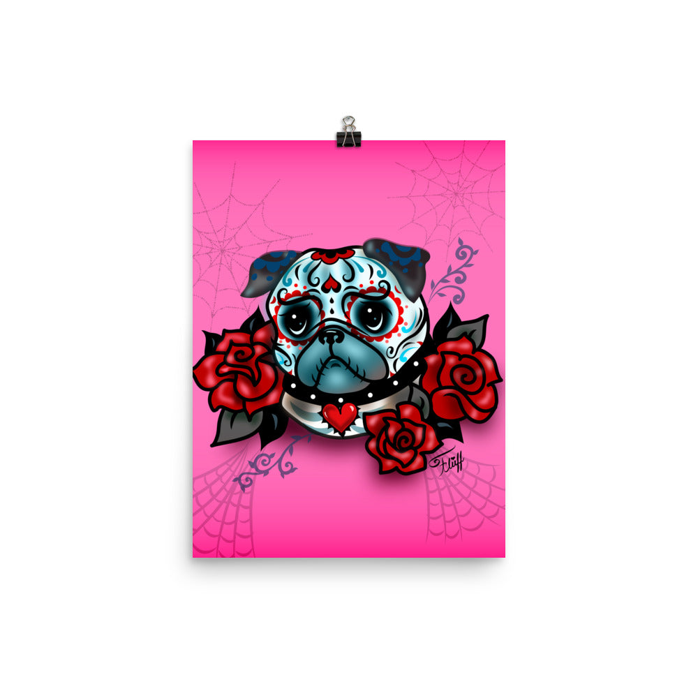 Sugar Skull Pug With Roses on Hot Pink • Art Print