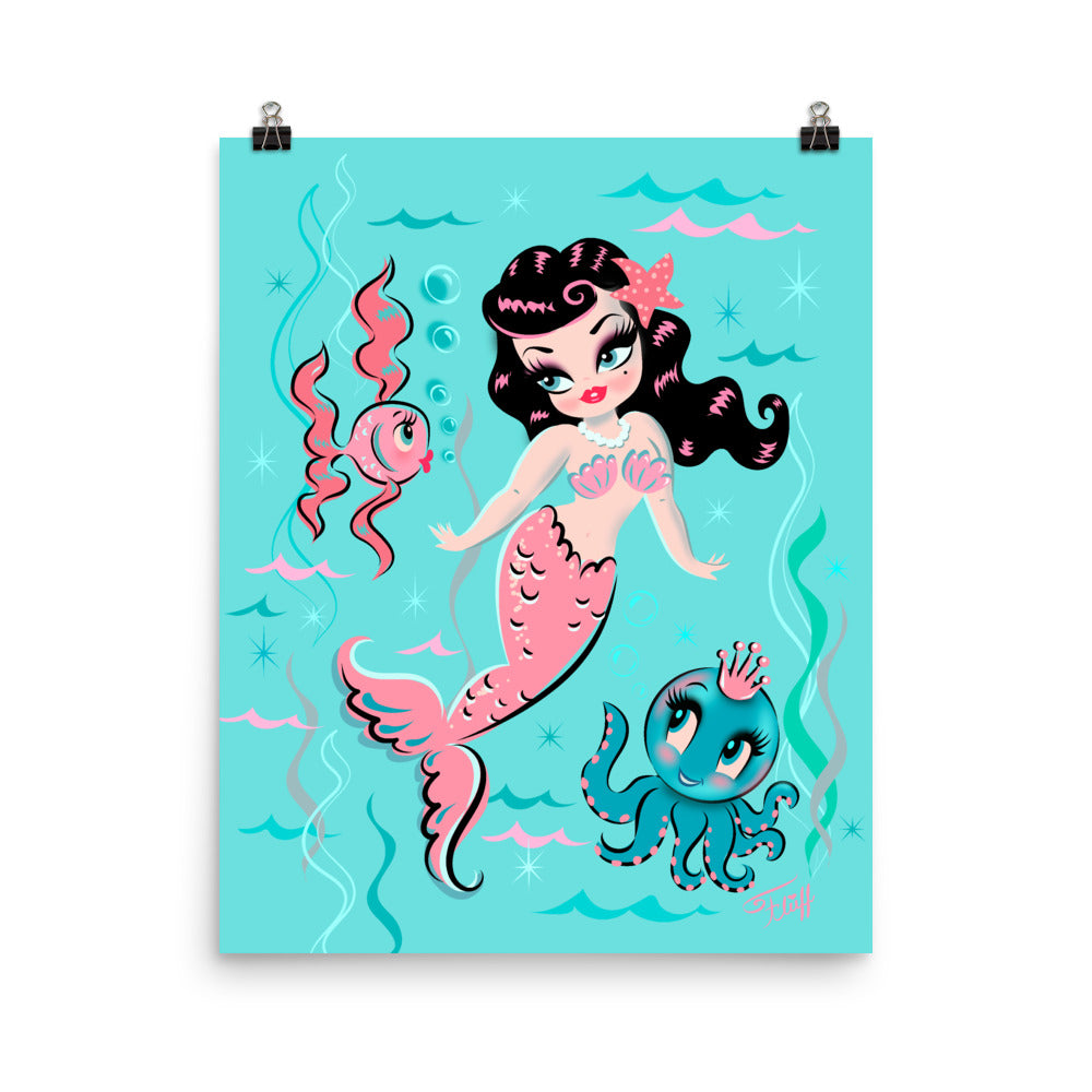 Babydoll Mermaid with Raven Hair and Octopus Prince • Art Print