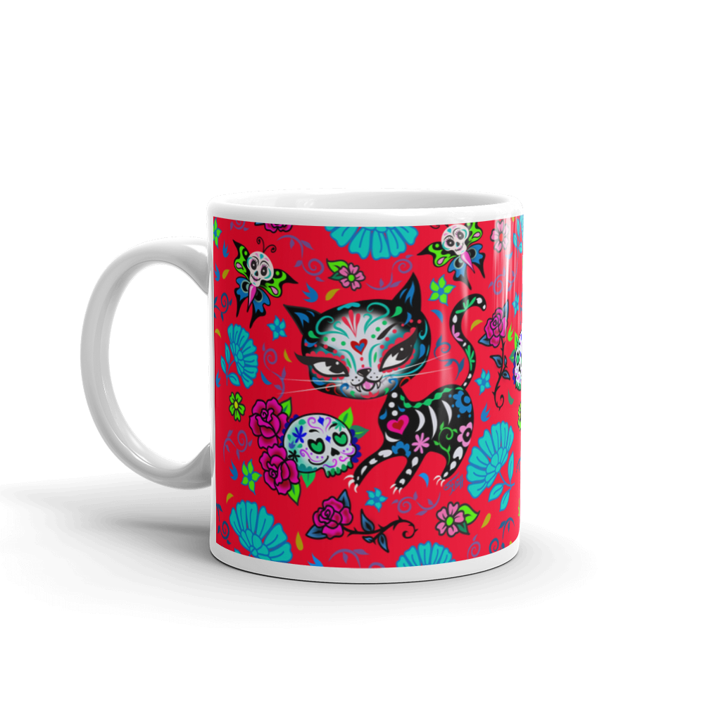 Sugar Skull Kitty on Red • Mug