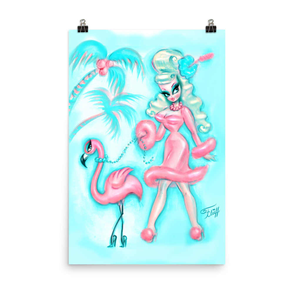 Palm Springs Glamour Doll Walking a Flamingo • Art Print