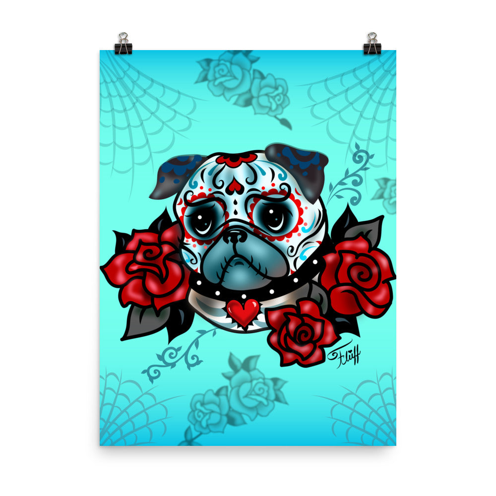 Sugar Skull Pug With Roses on Mint • Art Print