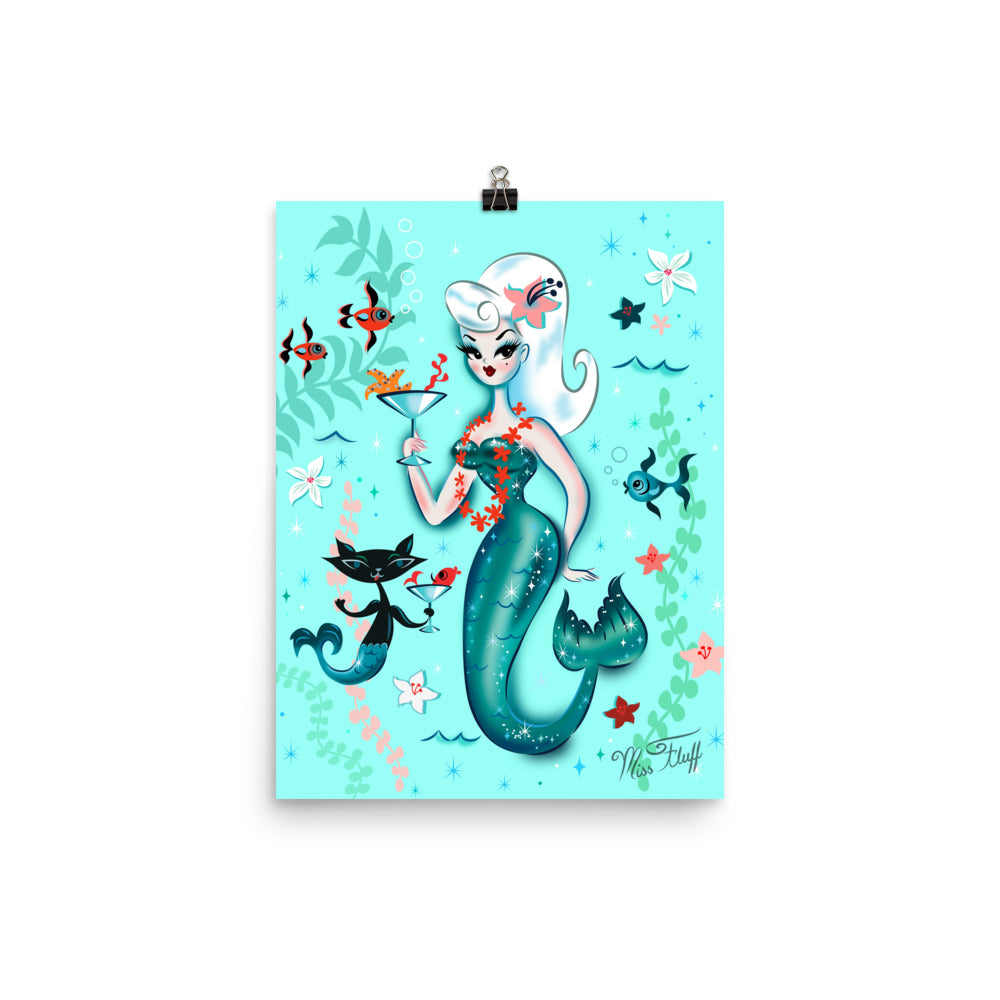 Blonde Martini Mermaid with Merkitty • Art Print