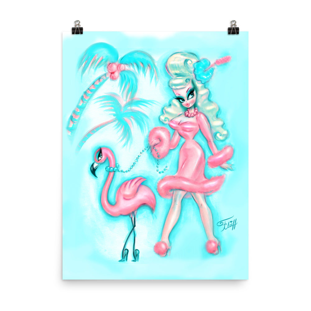 Palm Springs Glamour Doll Walking a Flamingo • Art Print