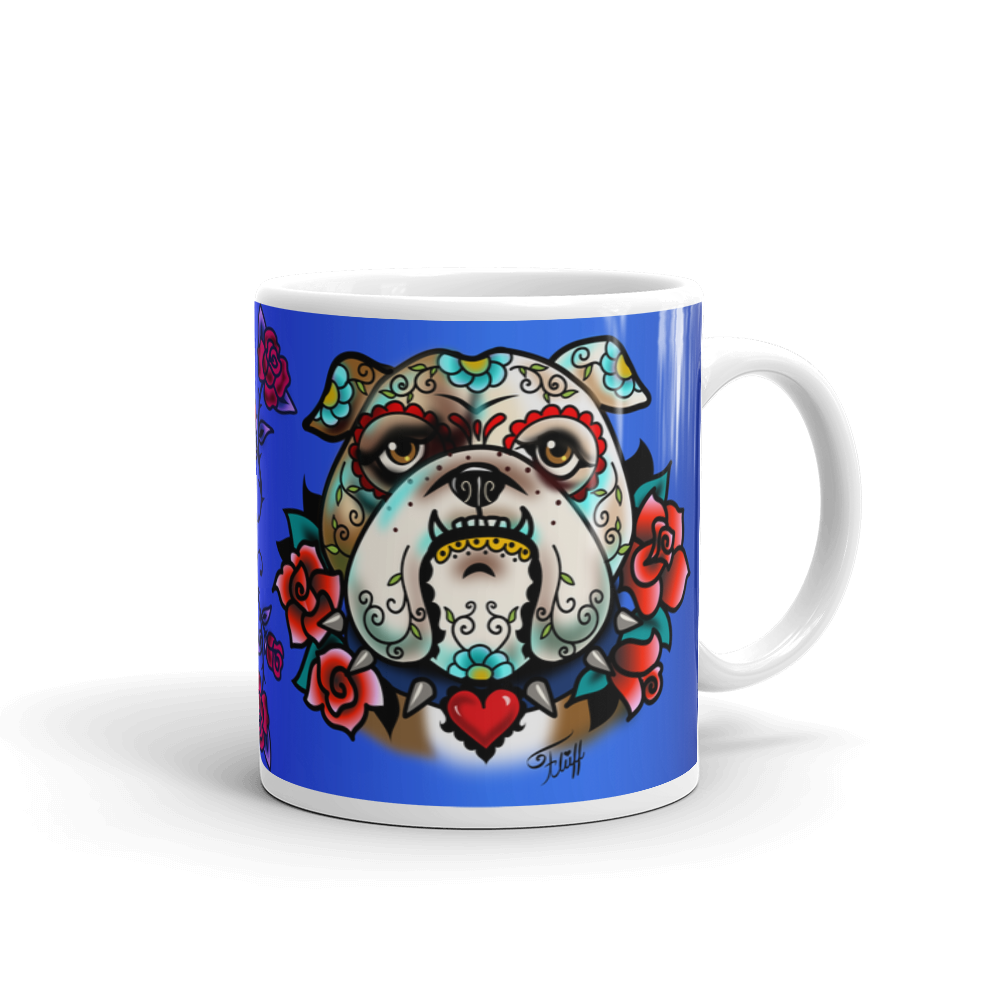 Sugar Skull Bulldog With Roses • Mug