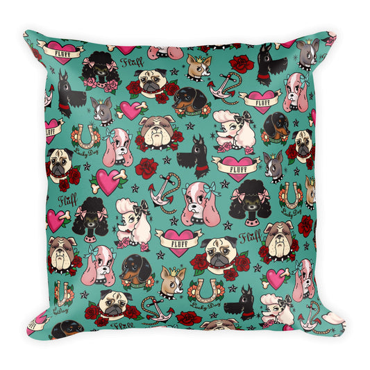 Tattoo Pooch on Teal • Square Pillow